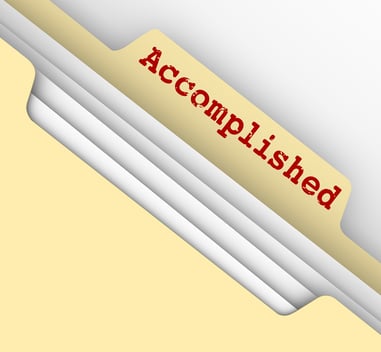 Accomplished word on file folder tab for jobs, tasks, projects o
